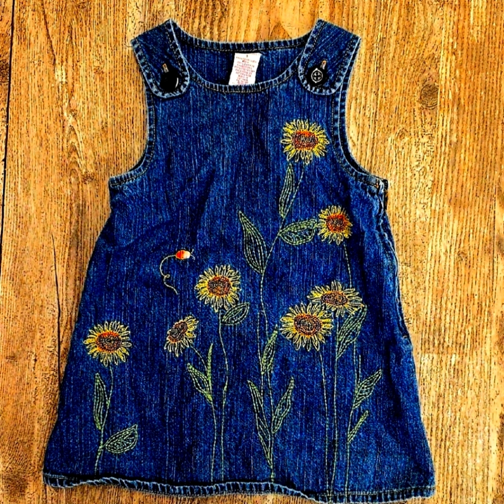 🌻Rare Vintage Gymboree Blue Denim Dress w/Sunflower Embroidery #915